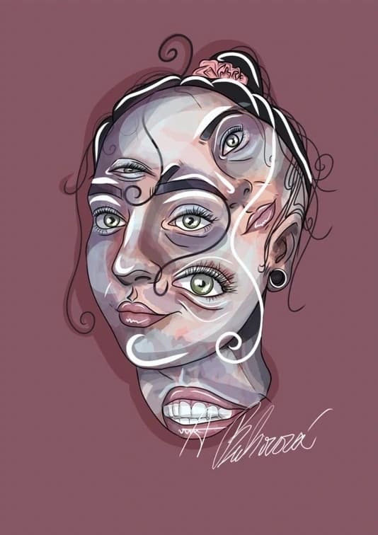 Surrealistický vektorový portrét s prepojenými tvárami a zelenými očami.