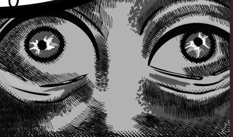 Detail očí v čiernobielom komiksovom spracovaní.