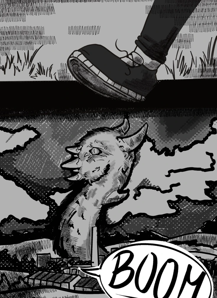 Dvojica komiksových panelov s výraznou kresbou a tieňovaním.