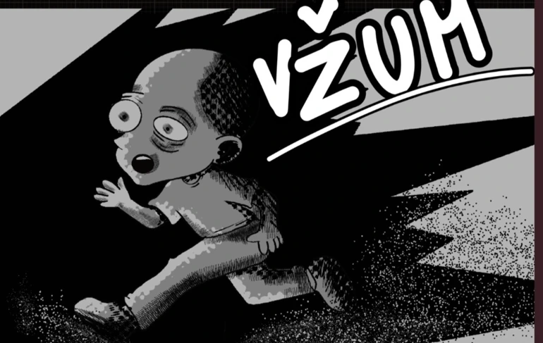 Komiksová scéna s postavou v pohybe.