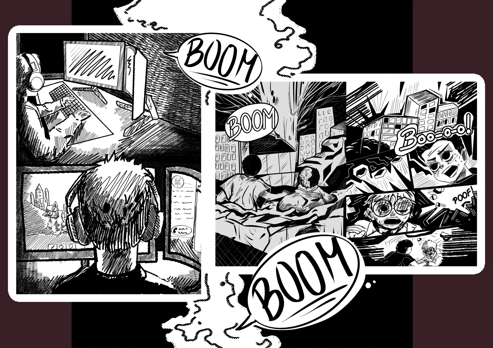 Kompozícia komiksových panelov, postáv a zvukových efektov.
