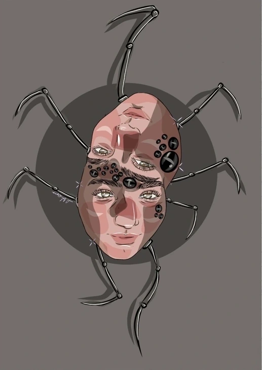 Surrealistický portrét spojený s tvarom pavúka.